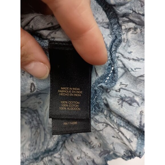 Frye Womens Blouse Medium Blue Paisley Eyelet BOHO Keyhole Back Ruffle Top - Picture 7 of 11